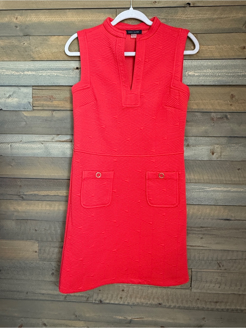 Sleeveless Red Textured Pocket Dress - Picture 2 of 8
